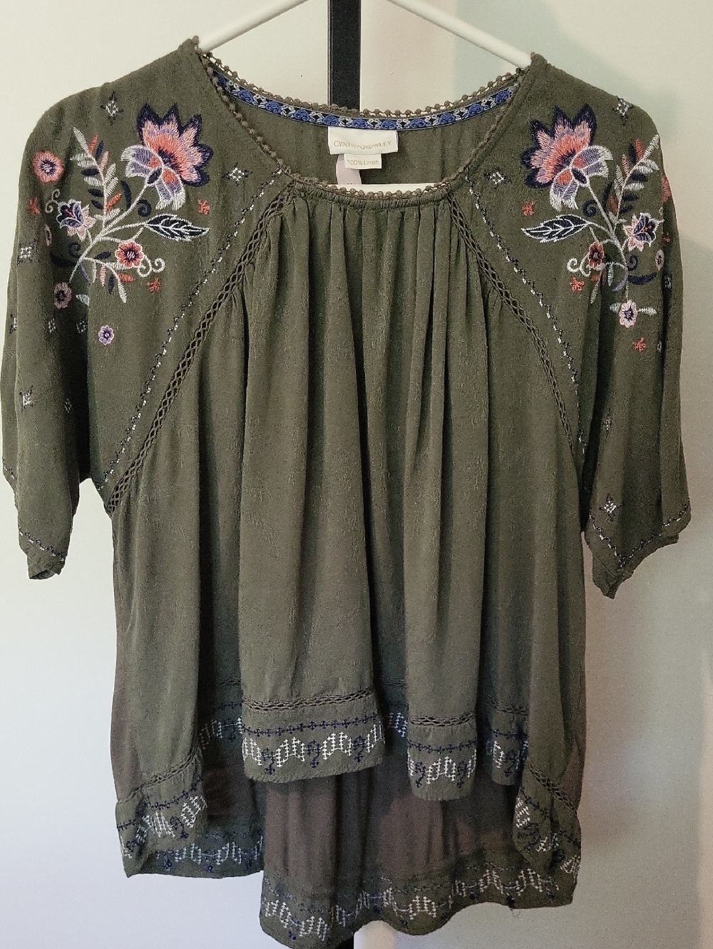Cynthia Rowley Olive Green Rayon Embroidered Floral Tunic Top